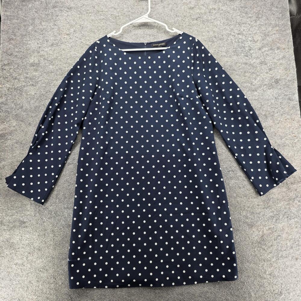 Banana Republic Dress Womens 14 Navy White Polka Dot Shift 3/4 Sleeve Lined